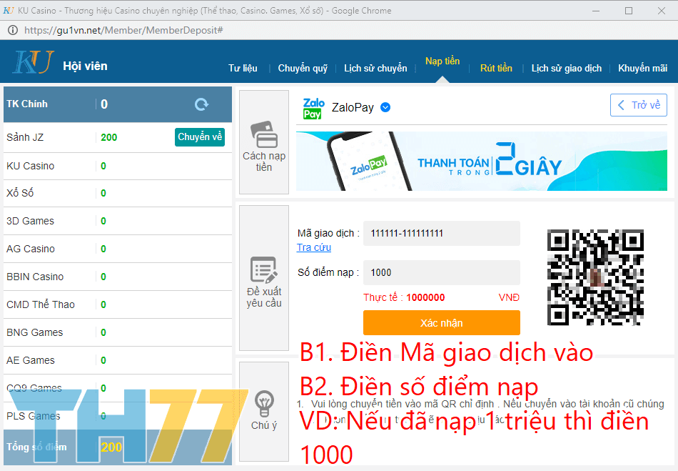 nạp tiền kucasino qua zalopay