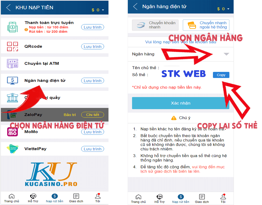 Nạp tiền qua ngân hàng điện tử